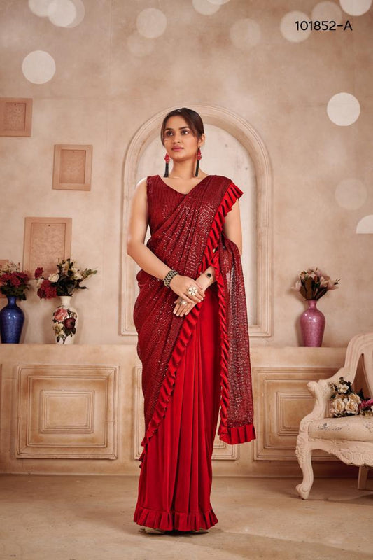 Azrah Red- Pre stitched Sari